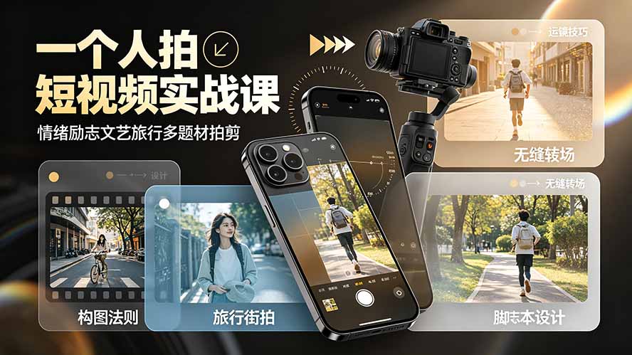 一个人拍短视频实战课：情绪励志文艺旅行多题材×五大景别×黄金构图×八大运镜，从拍摄到成片高效创作-吾爱云课堂