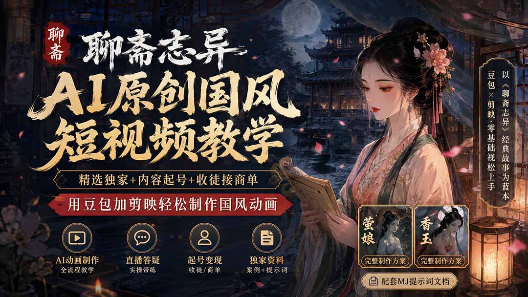 聊斋志异AI原创国风短视频教学；精选独家+内容起号+收徒接商单，用豆包加剪映轻松制作国风动画-吾爱云课堂