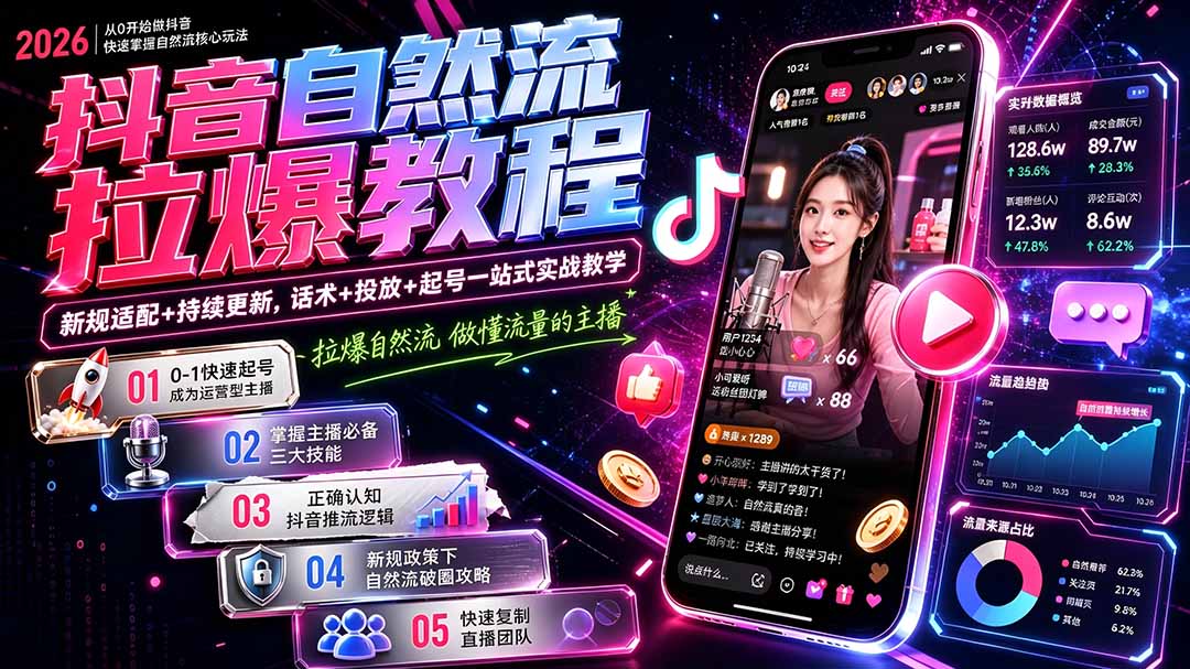 抖音自然流拉爆教程-更新8月：做懂流量的主播，新规适配+持续更新，话术+投放+起号一站式实战教学-吾爱云课堂