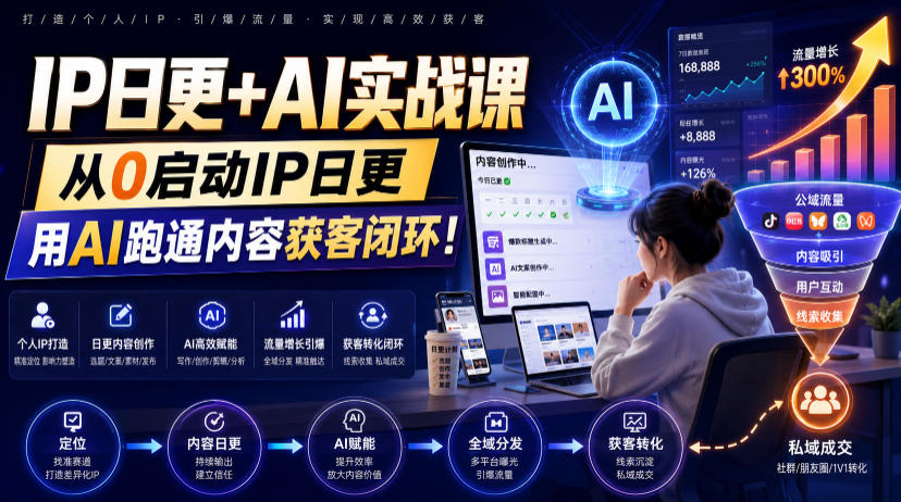IP日更+AI实战课，从0启动IP日更，IP置顶视频制作+100条选题库搭建+10条日更规划，用AI跑通内容获客闭环!-吾爱云课堂