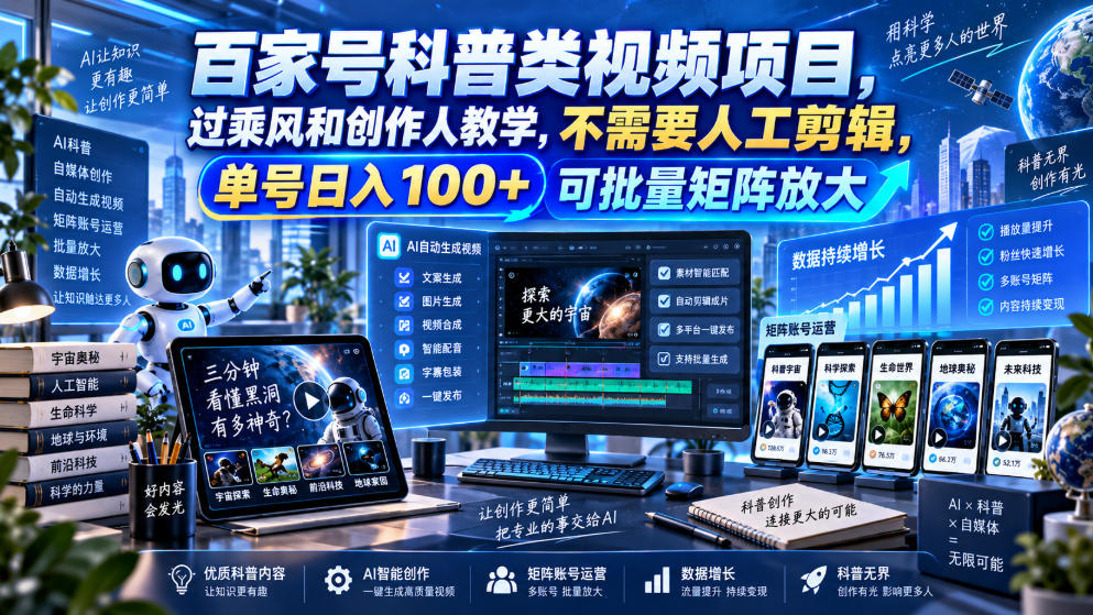 百家号科普类视频项目，过乘风和创作人教学，不需要人工剪辑，单号日入100+可批量矩阵放大-吾爱云课堂