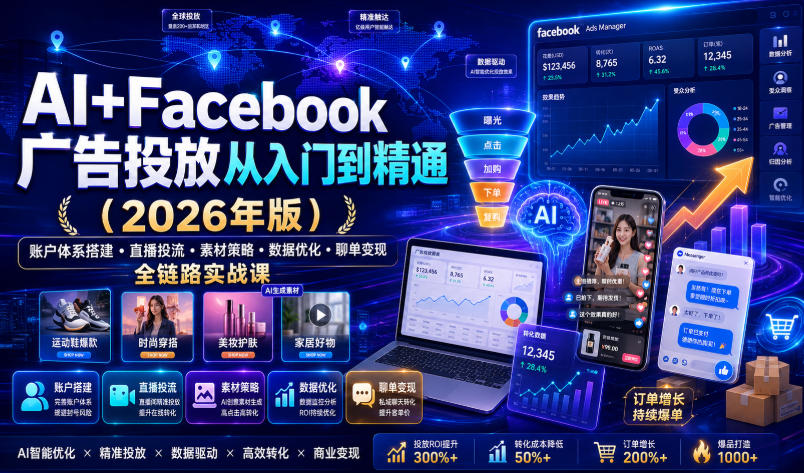 AI+Facebook广告投放从入门到精通(2026年版)|账户体系搭建・直播投流・素材策略・数据优化・聊单变现全链路实战课-吾爱云课堂