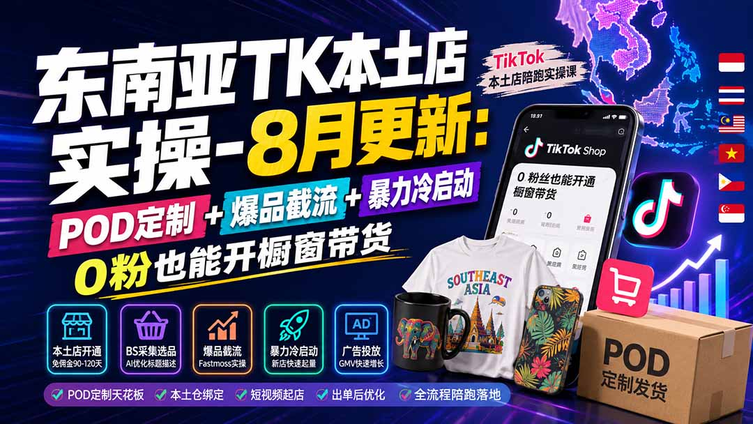 东南亚TK本土店实操-8月更新：POD定制+爆品截流+暴力冷启动，0粉也能开橱窗带货-吾爱云课堂