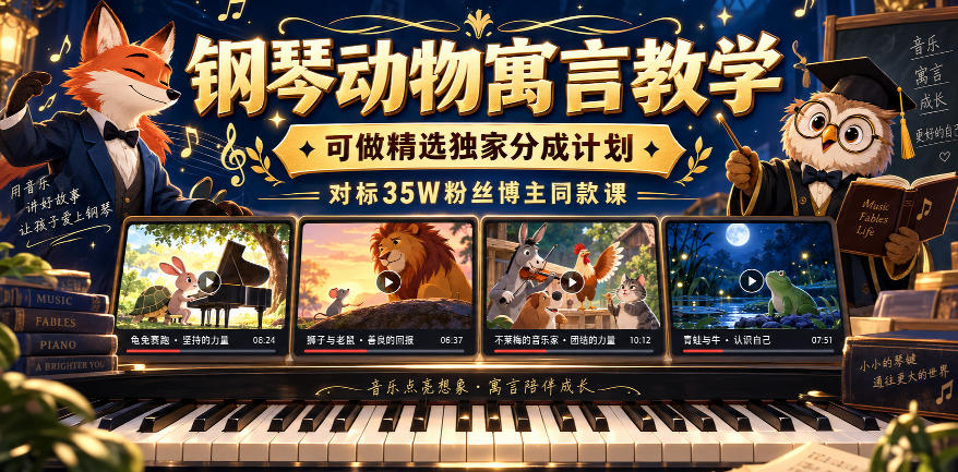 钢琴动物寓言教学，可做精选独家分成计划，对标35W粉丝博主同款课-吾爱云课堂