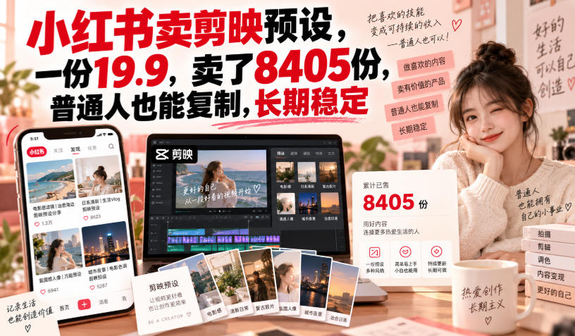 小红书卖剪映预设，一份19.9，卖了8405份，普通人也能复制，长期稳定-吾爱云课堂