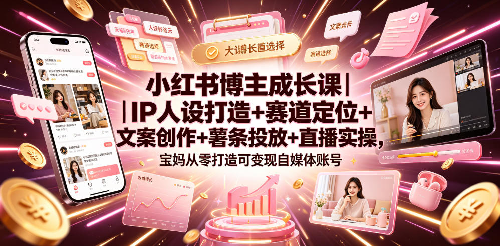 小红书博主成长课｜IP人设打造+赛道定位+文案创作+薯条投放+直播实操，宝妈从零打造可变现自媒体账号-吾爱云课堂