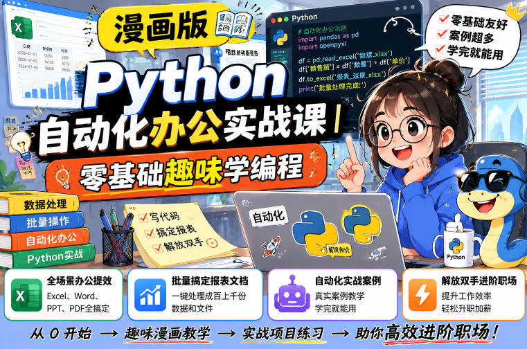 漫画版Python自动化办公实战课｜零基础趣味学编程，全场景办公提效、批量搞定报表文档、解放双手进阶职场-吾爱云课堂