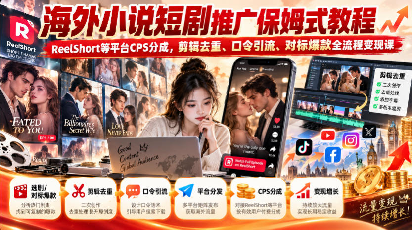 海外小说短剧推广保姆式教程｜ReelShort等平台CPS分成，剪辑去重、口令引流、对标爆款全流程变现课-吾爱云课堂
