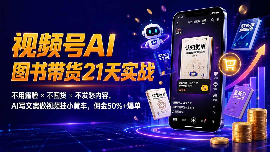 繁花视频号AI图书带货21天实战：不用露脸×不囤货×不发愁内容，AI写文案做视频挂小黄车，佣金50%+爆单-吾爱云课堂