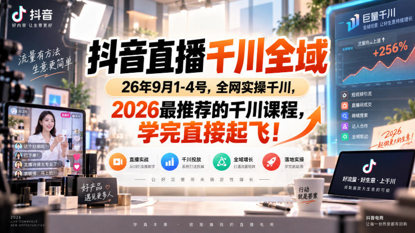 抖音直播千川全域26年9月1-4号，全网实操千川，2026最推荐的千川课程，学完直接起飞！-吾爱云课堂