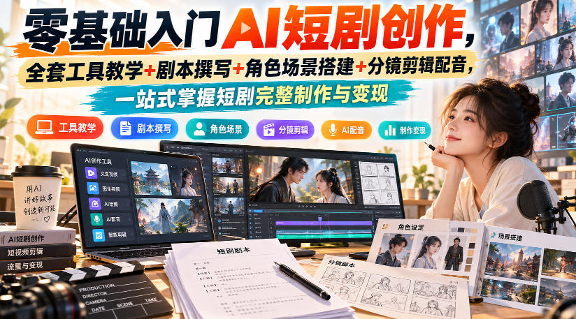 零基础入门AI短剧创作，全套工具教学+剧本撰写+角色场景搭建+分镜剪辑配音，一站式掌握短剧完整制作与变现-吾爱云课堂