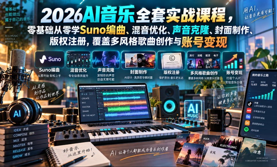 2026AI音乐实战课程，零基础从零学Suno编曲、混音优化、声音克隆、版权注册，覆盖多风格歌曲创作与账号变现-吾爱云课堂