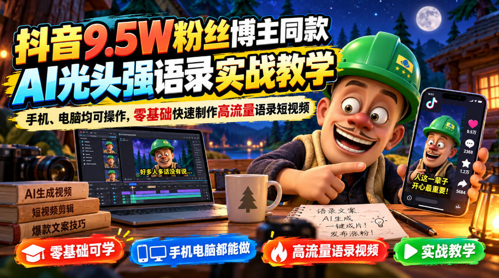 抖音9.5W粉丝博主同款AI光头强语录实战教学，手机、电脑均可操作，零基础快速制作高流量语录短视频-吾爱云课堂