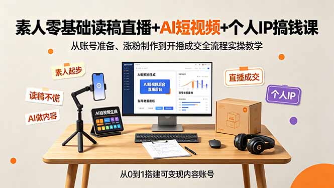 素人零基础读稿直播+AI短视频+个人IP搞钱课，从账号准备、涨粉制作到开播成交全流程实操教学-吾爱云课堂