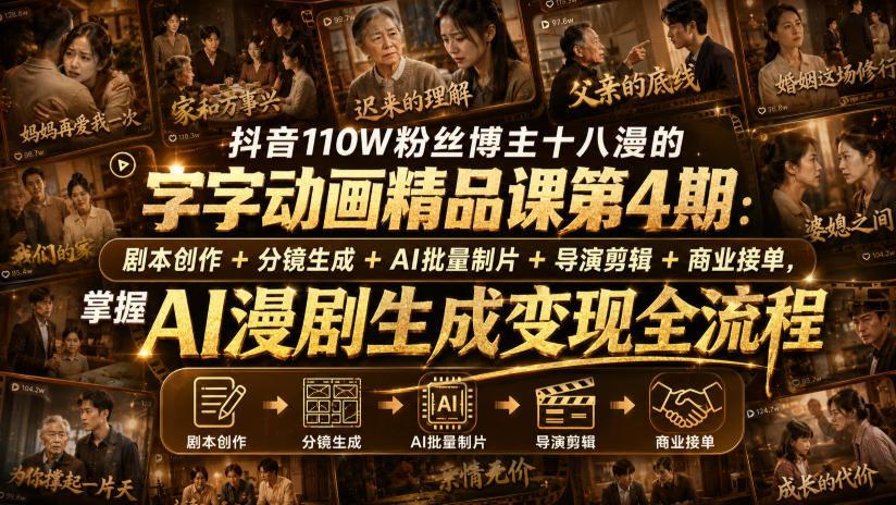 抖音110W粉丝博主十八漫的字字动画精品课第4期：剧本创作+分镜生成+剪辑+商业接单，掌握AI漫剧生成变现全流程-吾爱云课堂