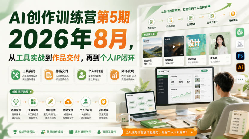 AI创作训练营第5期2026年8月，从工具实战到作品交付，再到个人IP闭环-吾爱云课堂