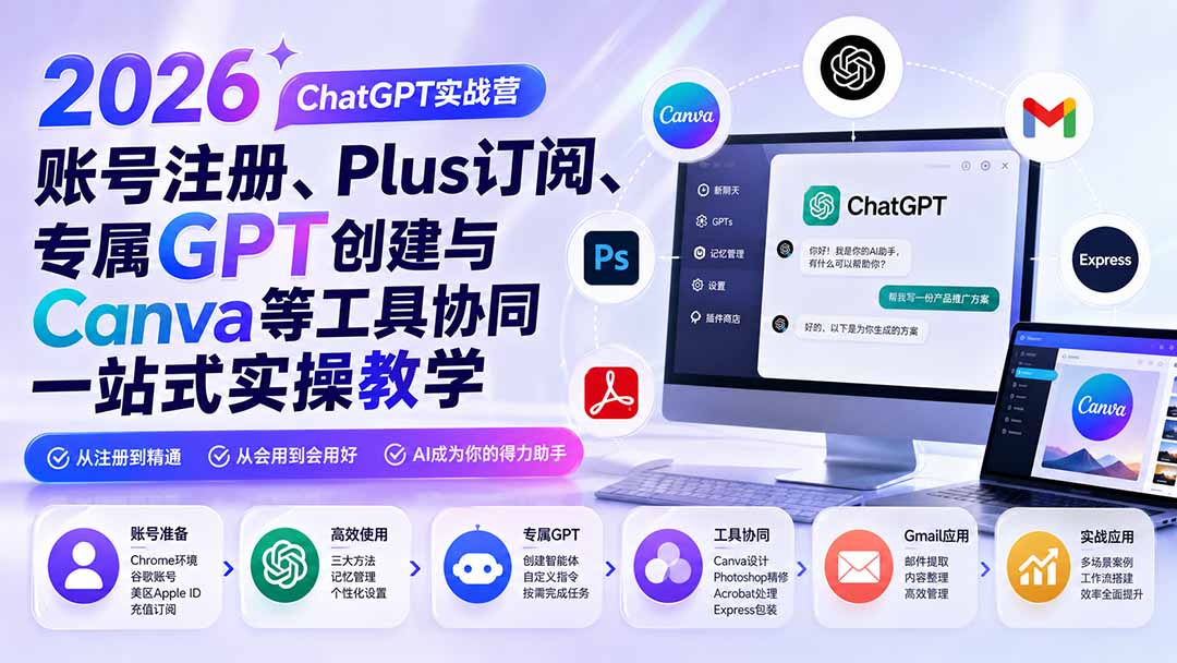 2026 ChatGPT实战营；账号注册、Plus订阅、专属GPT创建与Canva等工具协同一站式实操教学-吾爱云课堂