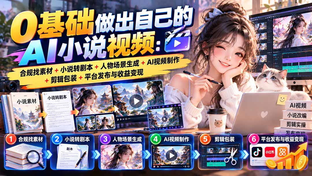 0基础做出自己的AI小说视频：合规找素材+小说转剧本+人物场景生成+AI视频制作+剪辑包装+平台发布与收益变现-吾爱云课堂