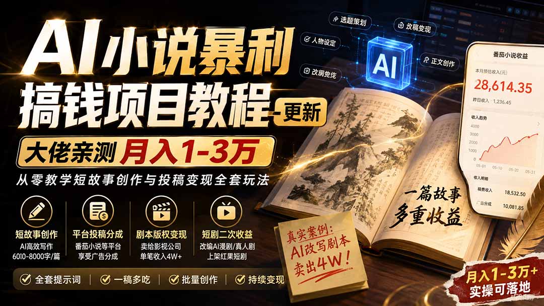 AI小说短故事暴利搞钱项目教程-更新，大佬亲测月入1-3万，从零教学短故事创作与投稿变现全套玩法-吾爱云课堂