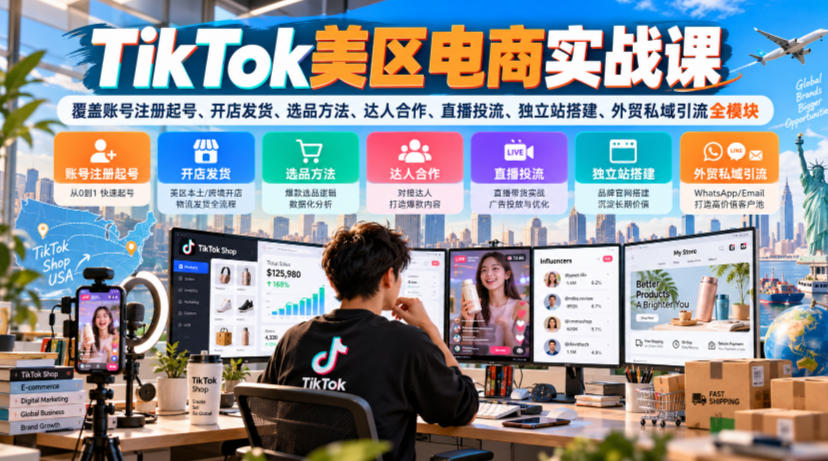 TikTok美区电商实战课，覆盖账号注册起号、开店发货、选品方法、达人合作、直播投流、独立站搭建、外贸私域引流全模块-吾爱云课堂