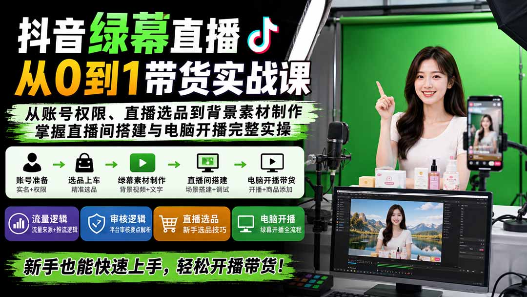 抖音绿幕直播从0到1带货实战课：从账号权限、直播选品到背景素材制作，掌握直播间搭建与电脑开播完整实操-吾爱云课堂