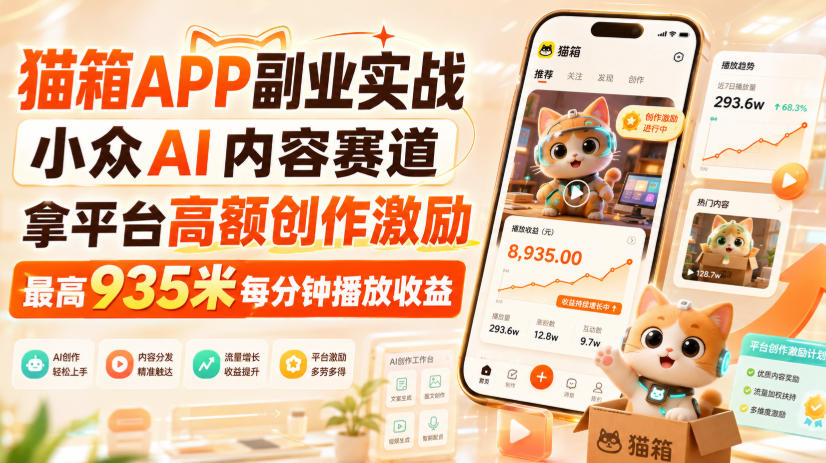 猫箱APP副业实战,小众AI内容赛道,拿平台高额创作激励,最高935米每分钟播放收益-吾爱云课堂