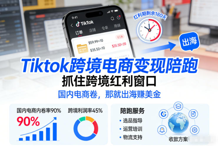 Tiktok跨境电商变现陪跑，抓住跨境红利窗口，国内电商卷，那就出海賺美金-吾爱云课堂