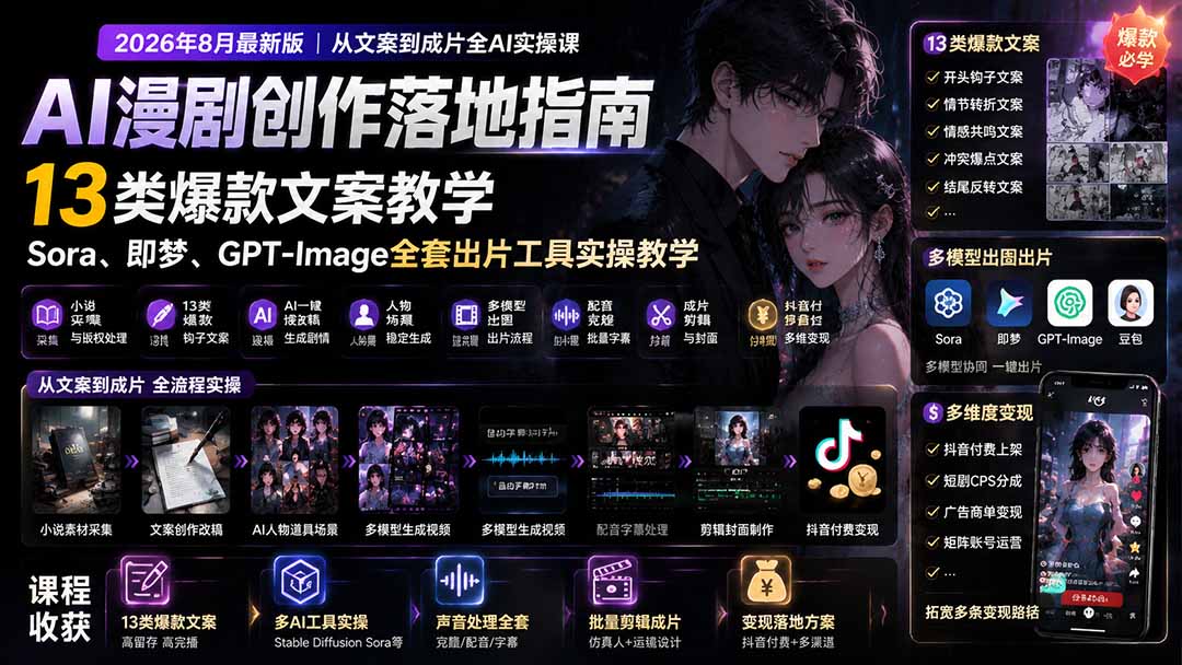 AI漫剧创作落地指南｜13类爆款文案教学，Sora、即梦、GPT-Image全套出片工具实操教学-吾爱云课堂