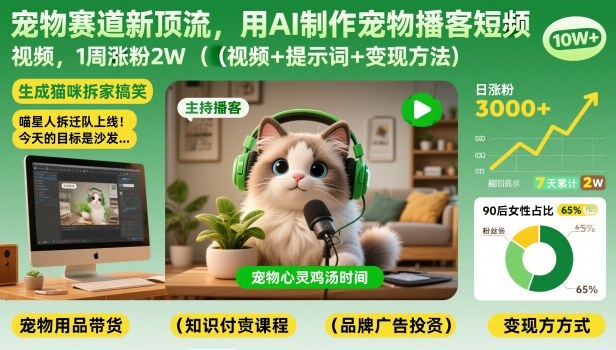 宠物赛道新顶流，用AI制作宠物播客短视频，1周涨粉2W(视频+提示词+变现方法)-吾爱云课堂