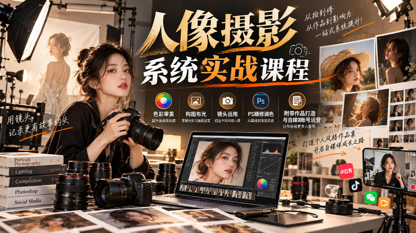 【无水印】人像摄影系统实战课程，色彩审美、构图布光、镜头运用、PS精修调色，附带作品打造与自媒体账号运营-吾爱云课堂