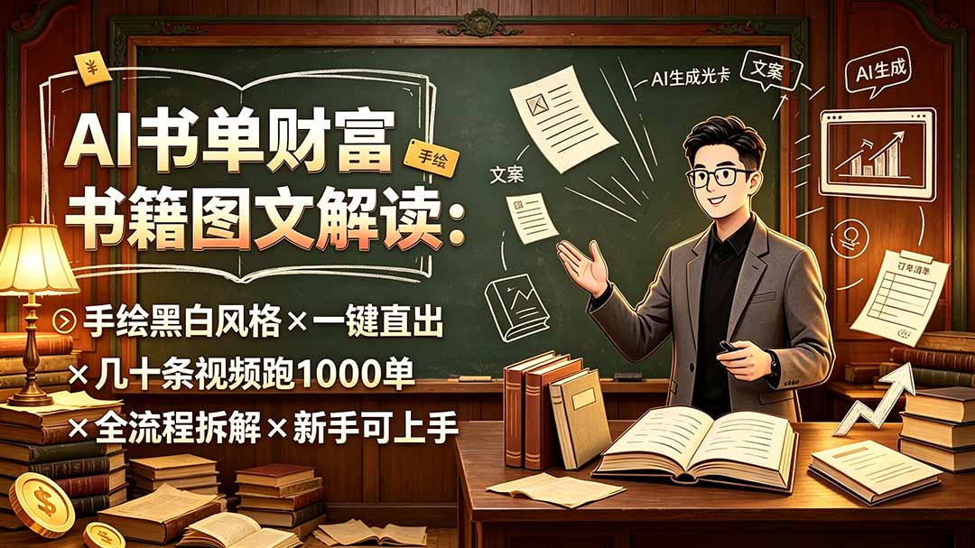 AI书单财富书籍图文解读：手绘黑白风格×一键直出×几十条视频跑1000单×全流程拆解×新手可上手-吾爱云课堂