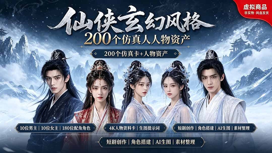 200个仙侠玄幻仿真人素材◆10男主×10女主×180配角，4K资料卡+AI生图提示词，漫剧必备-吾爱云课堂