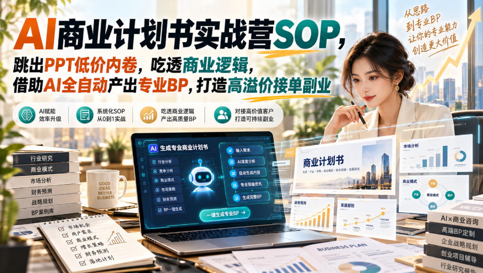 AI商业计划书实战营SOP，跳出PPT低价内卷，吃透商业逻辑，借助AI全自动产出专业BP，打造高溢价接单副业-吾爱云课堂