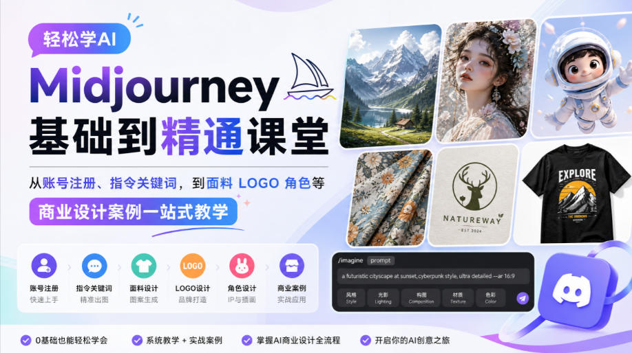轻松学AI Midjourney基础到精通课堂，从账号注册、指令关键词，到面料LOGO角色等商业设计案例一站式教学-吾爱云课堂