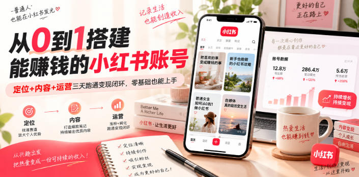 从0到1搭建能賺钱的小红书账号，定位+内容+运营三天跑通变现闭环-吾爱云课堂