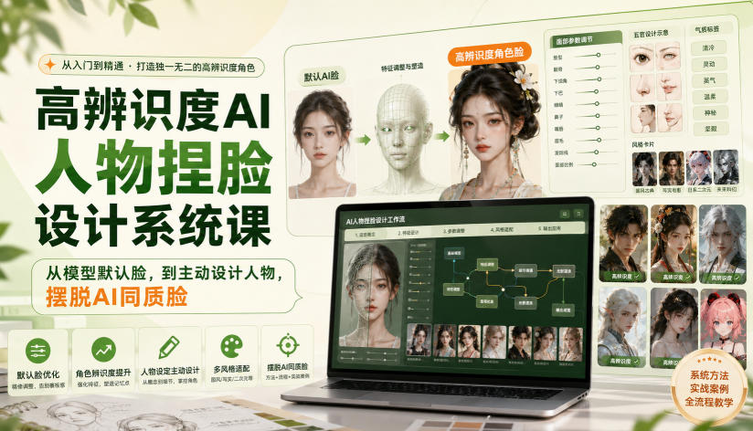高辨识度AI人物捏脸设计系统课，从模型默认脸，到主动设计人物，摆脱AI同质脸-吾爱云课堂
