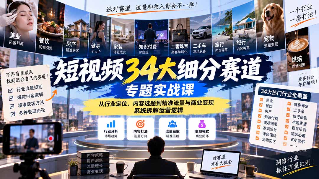 短视频34大细分赛道专题实战课：从行业定位、内容选题到精准流量与商业变现，系统拆解运营逻辑-吾爱云课堂