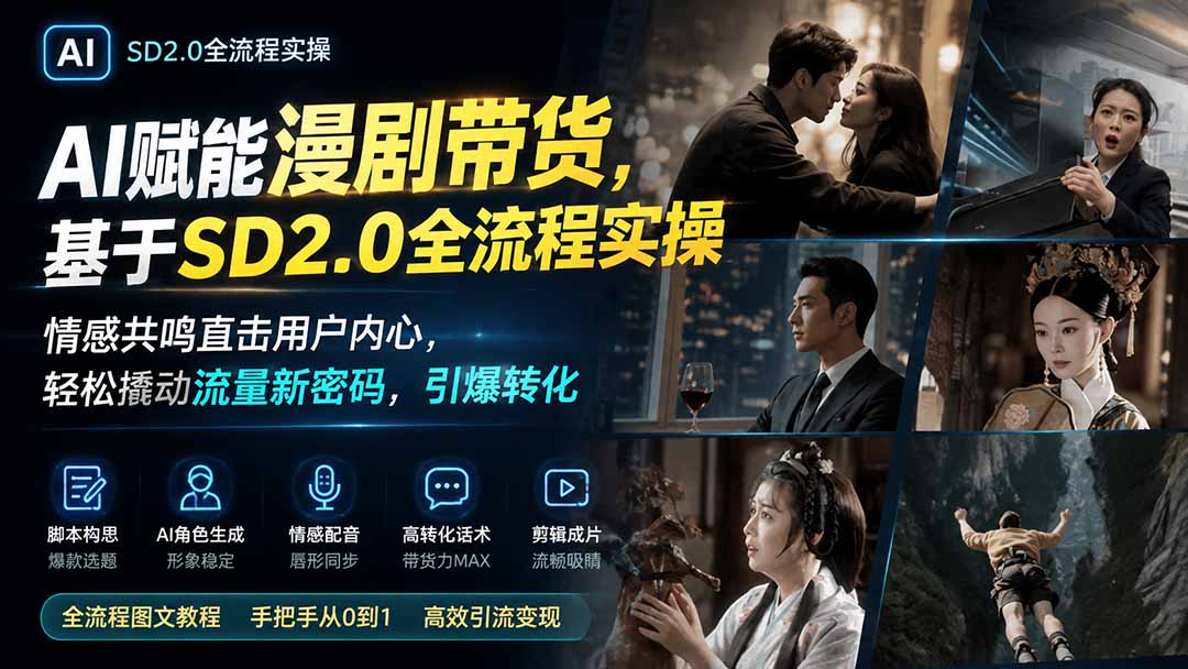 AI赋能漫剧带货,基于SD2.0全流程实操;情感共鸣直击用户内心,轻松撬动流量新密码,引爆转化-吾爱云课堂