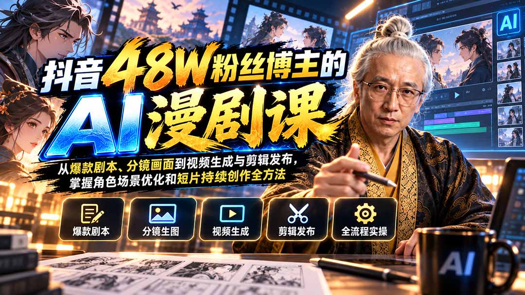 抖音48W粉丝博主的AI漫剧课：从爆款剧本、分镜画面到视频生成与剪辑发布，掌握角色场景优化和短片持续创作全方法-吾爱云课堂