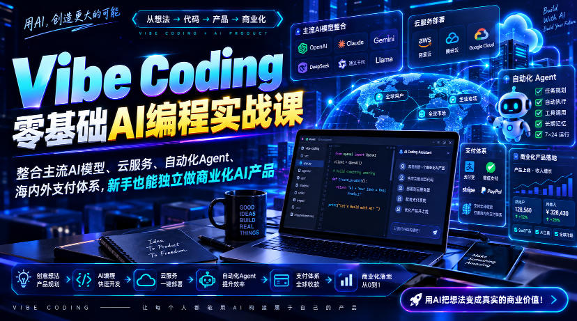 Vibe Coding零基础AI编程实战课-无水印，整合主流AI模型、云服务、自动化Agent、海内外支付体系，新手也能独立做商业化AI产品-吾爱云课堂