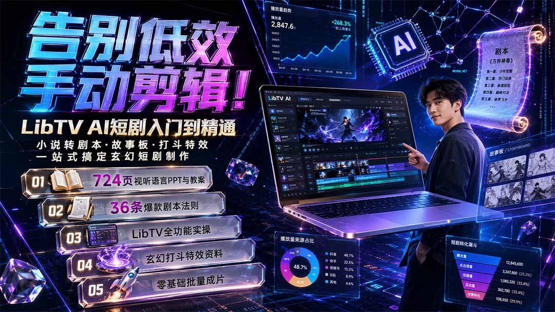 告别低效手动剪辑！LibTV AI短剧入门到精通，小说转剧本方法，故事板打斗特效一站式搞定玄幻短剧制作-吾爱云课堂