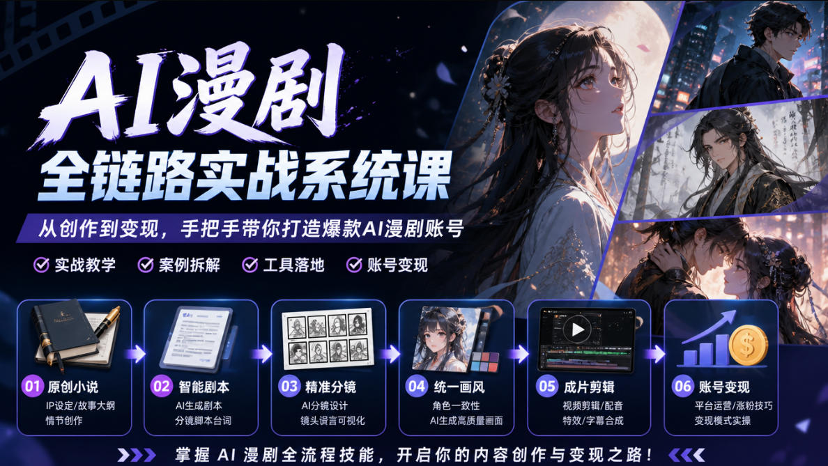 AI漫剧全链路实战系统课｜原创小说、智能剧本、精准分镜、统一画风、成片剪辑、账号变现实操教学-吾爱云课堂