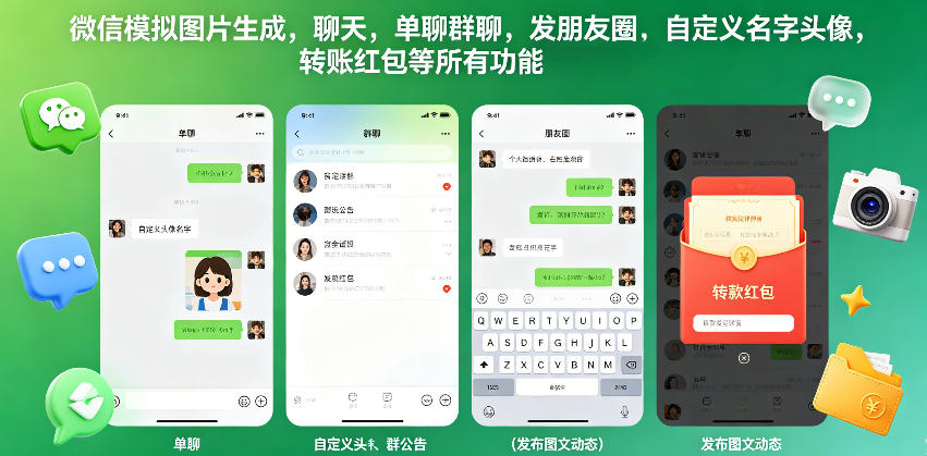 微信模拟图片生成，聊天，单聊群聊，发朋友圈，自定义名字头像，转账红包等所有功能都可以生成-吾爱云课堂