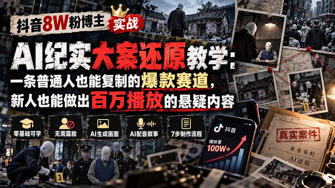 抖音8W粉博主AI纪实大案还原教学：一条普通人也能复制的爆款赛道，新人也能做出百万播放的悬疑内容-吾爱云课堂
