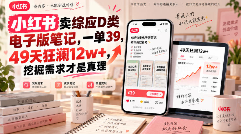 小红书卖综应D类电子版笔记，一单39，49天狂澜12w+，挖掘需求才是真理-吾爱云课堂
