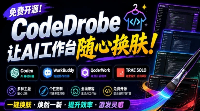 免费开源的CodeDrobe，让AI工作台随心换肤，支持Codex、WorkBuddy等，免费且本地运行！-吾爱云课堂
