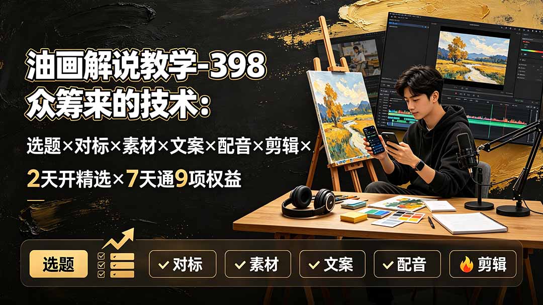 油画解说教学-398众筹来的技术：选题×对标×素材×文案×配音×剪辑×2天开精选×7天通9项权益-吾爱云课堂