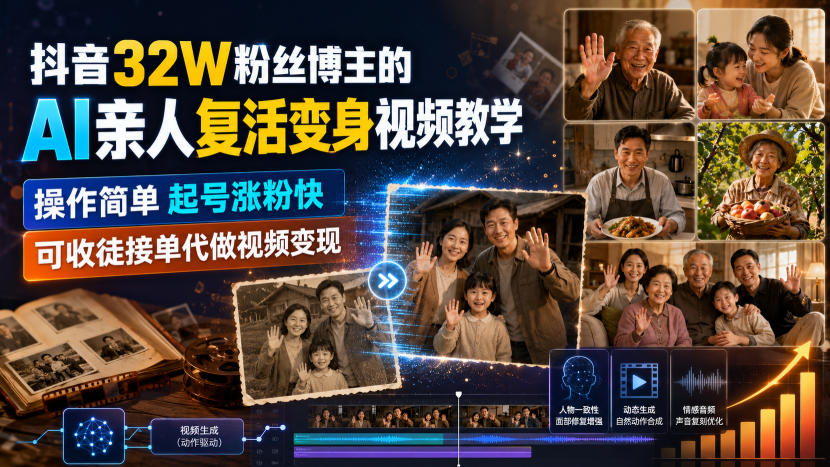 抖音32W粉丝博主的AI亲人复活变身视频教学,操作简单,起号涨粉快,可收徒接单代做视频变现-吾爱云课堂