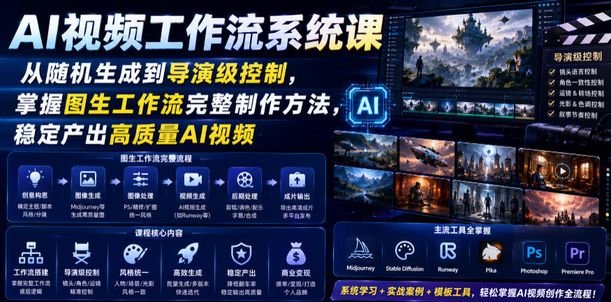 AI视频工作流系统课，从随机生成到导演级控制，掌握图生工作流完整制作方法，稳定产出高质量AI视频-吾爱云课堂