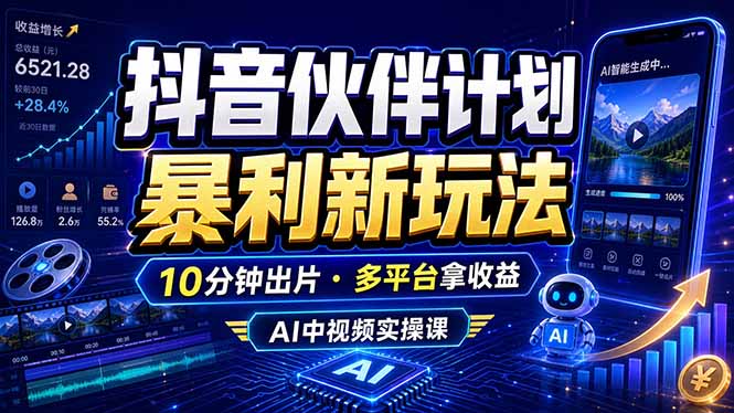 抖音伙伴计划最新玩法，无需配音剪辑，10分钟出一条原创视频，轻松日入三位数-吾爱云课堂